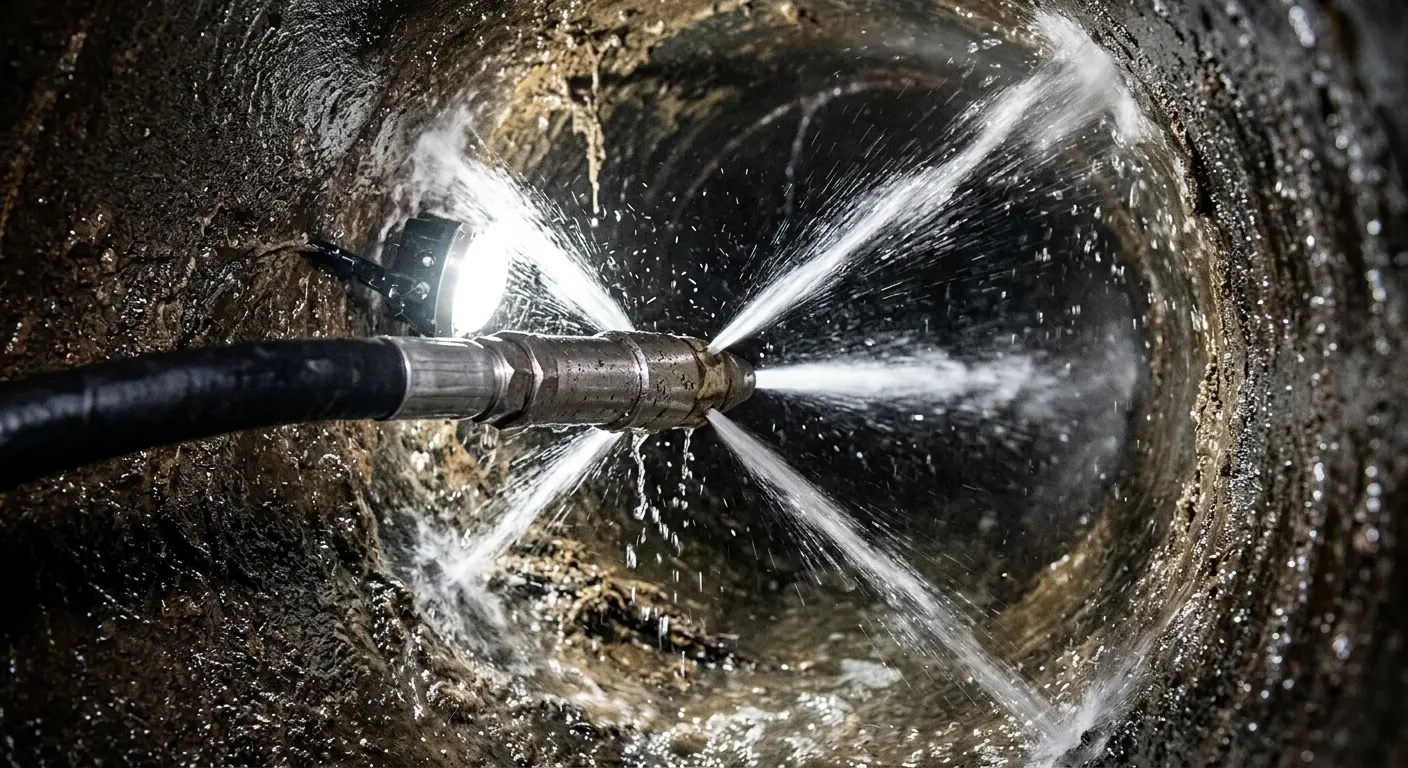 High-pressure hydro jetting nozzle cleaning sewer pipe for Sewer Cleanout in Marlborough