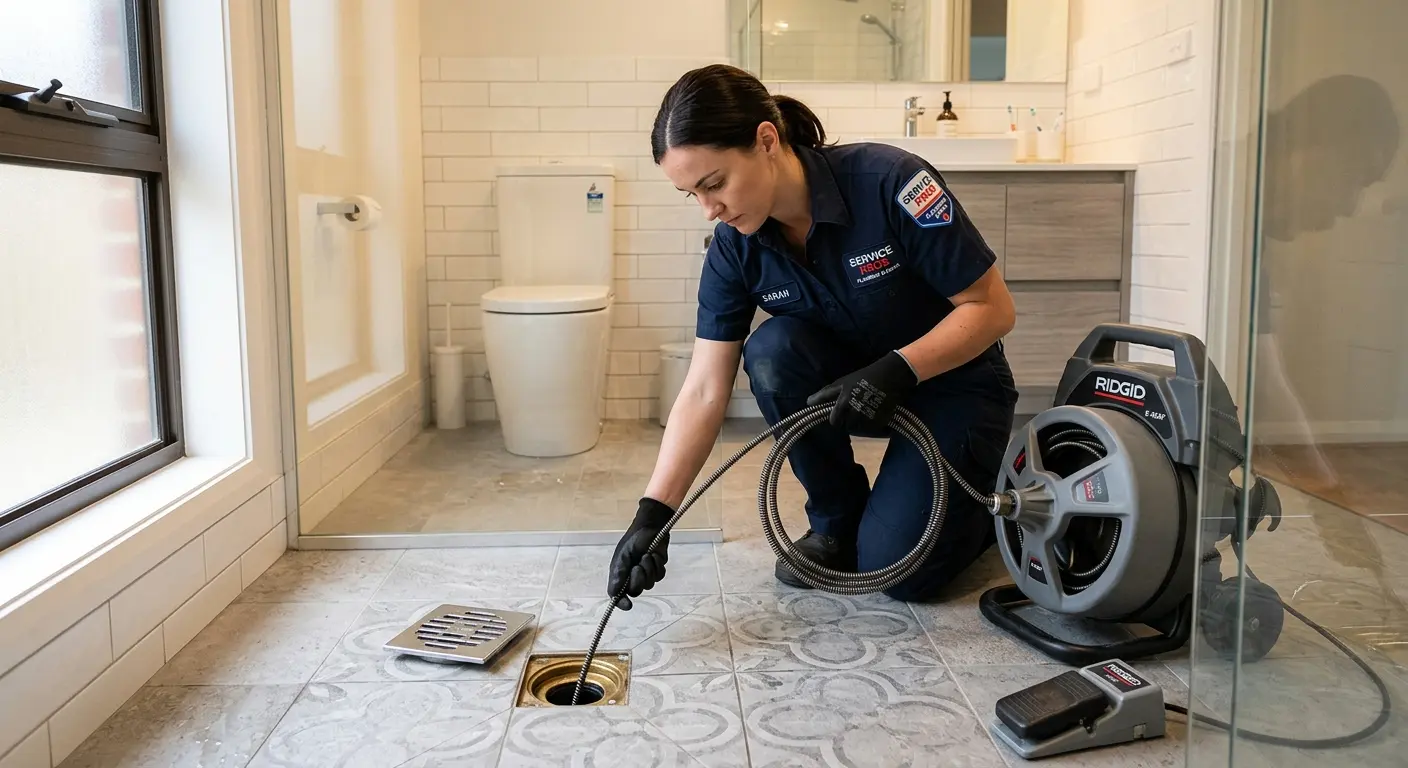 Technician clearing a bathroom floor drain for Hydro Jetting in Marlborough